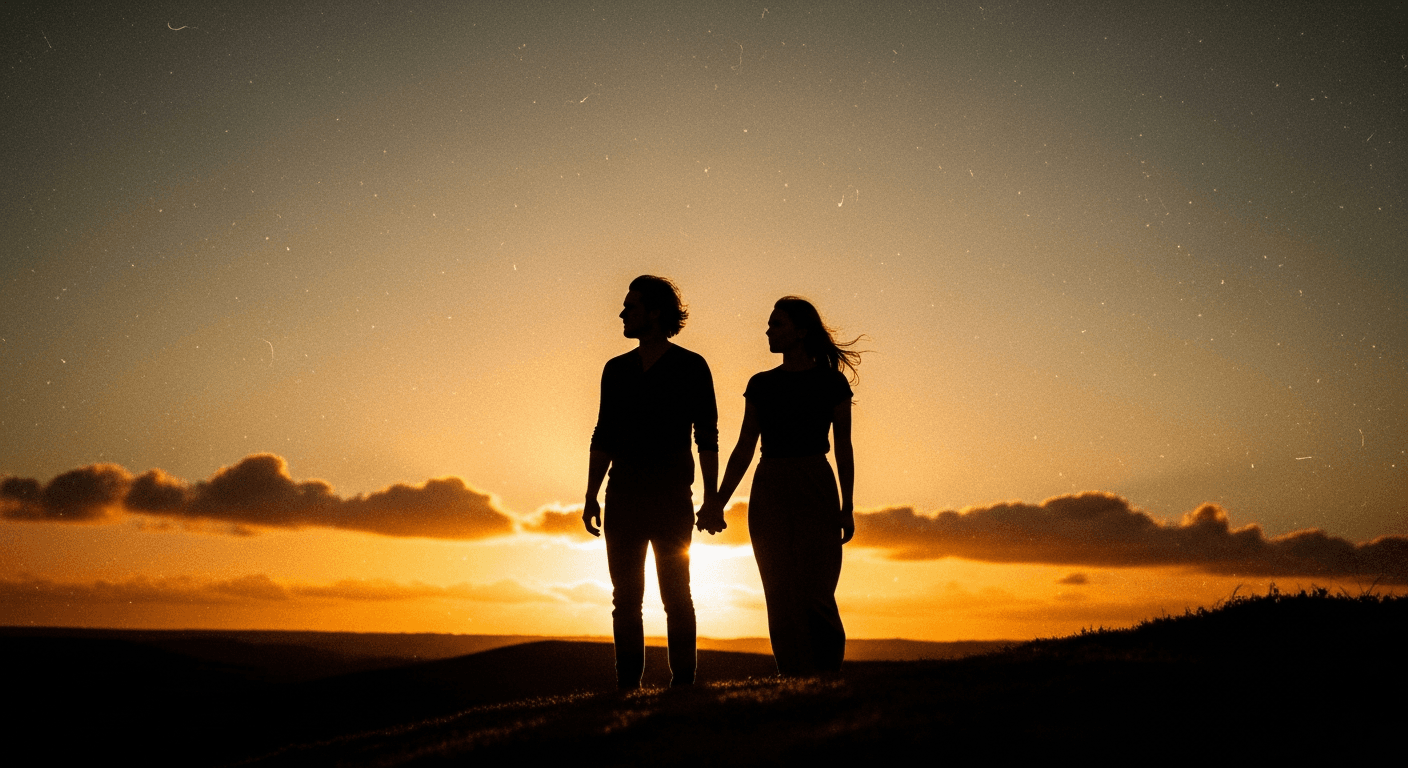 A couple holding hands at sunset